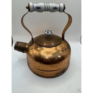 Vintage Copper Tea Kettle Porcelain Blue White Handle Knob 2 Qt